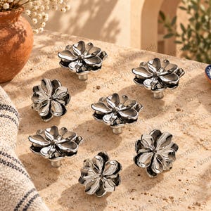 Silver Flower Knobs, Floral Cabinet Knobs, Chrome Drawer Knobs, Decorative Dresser Knobs, Modern Furniture Hardware