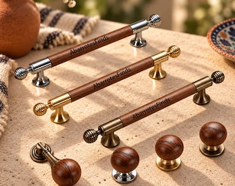 Wood Handles, Brass Cabinet Pulls, Vintage Walnut Drawer Handles, Mid Century Furniture Hardware for Kitchen Dresser Wardrobe
