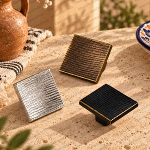 Brass Cabinet Knobs, Square Drawer Pulls, Textured Wood Grain Hardware, Modern Furniture Handles