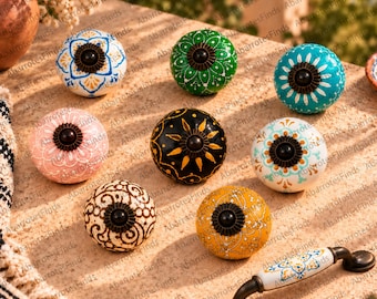 Hand Painted Ceramic Cabinet Knobs, Colorful Vintage Drawer Knobs, Boho Furniture Hardware for Kitchen Dresser Vanity