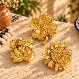 Puxadores de armário em latão dourado com formato de flor, puxadores de gaveta florais, ferragens para móveis vintage, puxador de armário de luxo
