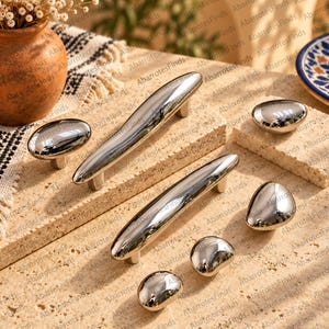 Pebble Cabinet Knobs, Titanium Silver Drawer Pulls, Bauhaus Furniture Hardware, Modern Cabinet Handle