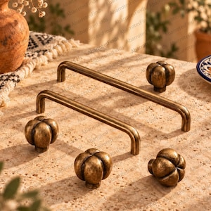 Antique Brass Cabinet Knobs, Vintage Drawer Pulls, Retro Furniture Hardware, French Style Cabinet Handle