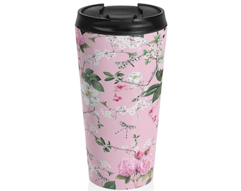 Tazza da viaggio con motivo floreale rosa / Rose vintage, fiori di ciliegio in acciaio inossidabile