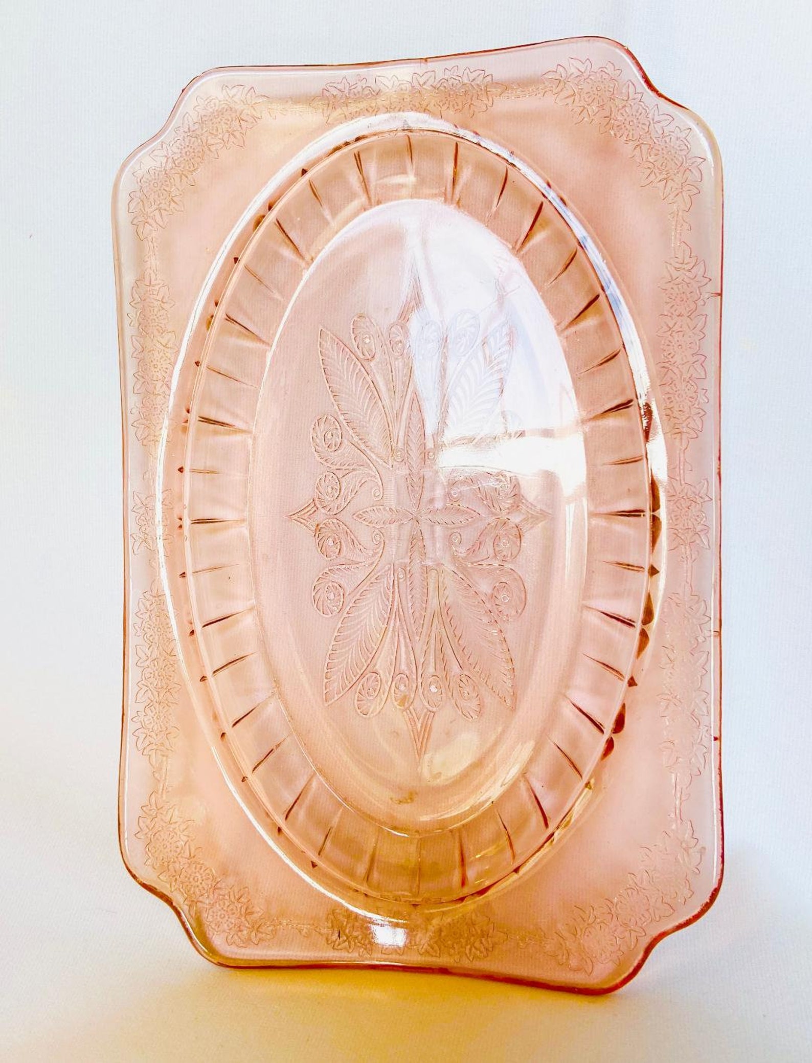 Vintage Pink Depression Glass Oval Serving Tray Adam Pattern Etsy