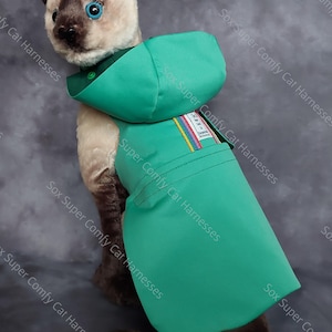 Könnte beinhalten: Ein grüner Katzen-Gurt mit Kapuze. Der Gurt hat eine Tasche und einen farbenfrohen Streifen. Die Katze im Bild hat braunes und hellbraunes Fell und blaue Augen. Der Text "Sox Super Comfy Cat Harnesses" ist sichtbar.