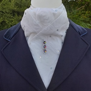Elegance Pre Tied, Ready Tied Ivory Taffeta Stock with a mesh overlay and sequins, Dressage Stock Tie by CJ's Equestrian