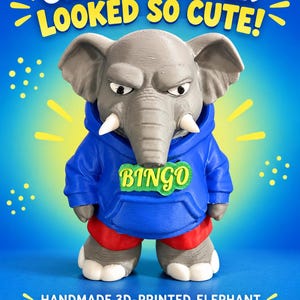 Bingo Grumpy Elefantfigur, 3D-utskrivet elefantsamlarobjekt, rolig skrivbordsdekor, unik elefantgåva, blå hoodiekaraktär