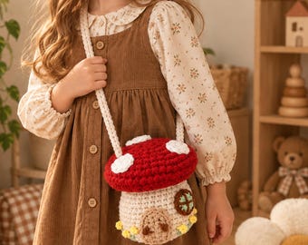 May include: A crocheted mushroom-shaped crossbody bag featuring a red cap with white spots, a beige base with a small brown door, a circular window, and yellow flower accents at the bottom, suspended by a thick, cream-colored braided strap.