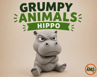 May include: A gray hippo figurine with a grumpy facial expression and crossed arms, sitting down. Above the hippo, the text reads GRUMPY ANIMALS HIPPO in dark green letters. A small orange circle with the letters AMS and a diagonal line is visible.