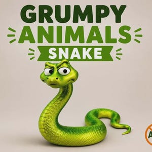 May include: A 3D illustration of a bright green snake with a grumpy facial expression, large white eyes, and textured scales. Above the snake, the text reads GRUMPY ANIMALS SNAKE in dark green letters. An orange circular logo with AMS is visible.