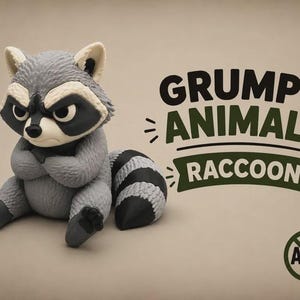 Puede incluir: Una figura de mapache gris y negro con expresión gruñona, sentado con los brazos cruzados. El texto GRUMPY ANIMALS RACCOON está impreso en negro y verde, con un logotipo circular AMS en la esquina inferior derecha sobre un fondo beige claro.