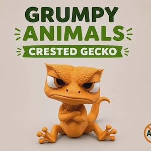 May include: An orange crested gecko figurine with a grumpy facial expression, arms crossed, and textured skin. The text GRUMPY ANIMALS CRESTED GECKO appears above the figure, and an AMS symbol inside a circle is located in the bottom right corner.