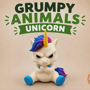May include: A cream-colored unicorn figurine with a yellow horn, blue and purple mane and tail, and blue hooves. The unicorn has a grumpy facial expression with crossed arms. Above the figure, the text reads GRUMPY ANIMALS UNICORN.