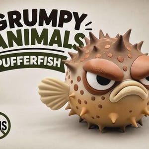May include: A brown, spherical pufferfish figurine with prominent spikes, large angry eyes, and light-colored fins. The text GRUMPY ANIMALS PUFFERFISH appears in dark green and white, with a circular AMS logo in the bottom left corner.