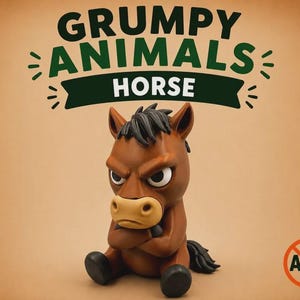 May include: A brown horse figurine with a grumpy facial expression, black mane, and crossed arms. The text GRUMPY ANIMALS HORSE appears in dark green and white above the figure, with an AMS logo inside an orange circle in the bottom right corner.