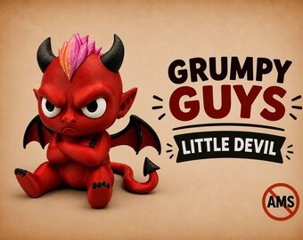 May include: A red devil figurine with black horns, a pink and orange mohawk, and wings, sitting with arms crossed. The text reads GRUMPY GUYS LITTLE DEVIL and AMS inside a circle with a line through it on a tan background.