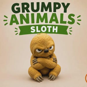 Puede incluir: Una figura de perezoso color canela con expresión facial gruñona y brazos cruzados. Sobre el perezoso, el texto dice GRUMPY ANIMALS SLOTH en letras verdes. Un pequeño círculo naranja con una línea que cruza las letras AMS está abajo a la derecha.