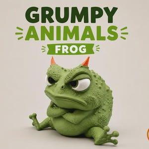 May include: A green frog figurine with a textured, bumpy surface, two small orange horns, and a grumpy facial expression with crossed arms. The text above reads GRUMPY ANIMALS FROG, and a circular orange symbol with AMS is in the bottom right corner.