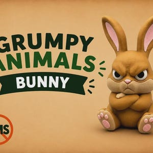 May include: A brown bunny figurine with a grumpy facial expression and crossed arms, featuring pink inner ears and paw pads. The text GRUMPY ANIMALS BUNNY appears in dark green, with a circular orange AMS logo featuring a diagonal line.