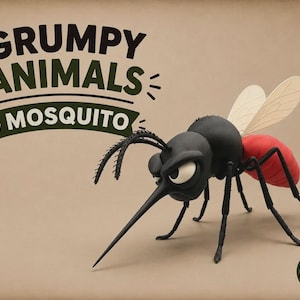 May include: A stylized mosquito figurine with a black head, body, and legs, featuring a prominent red abdomen and translucent wings. The text GRUMPY ANIMALS MOSQUITO appears in the upper left, and a circular AMS logo is in the bottom right corner.