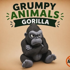 May include: A dark gray gorilla figurine with a grumpy facial expression and crossed arms. The text GRUMPY ANIMALS GORILLA is printed above the figure in dark green and white. An orange circle with a line through the letters AMS is in the corner.