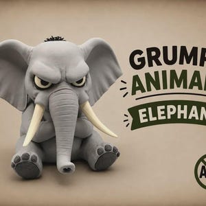 May include: A grey elephant figurine with a grumpy facial expression, large ears, and white tusks. The text GRUMPY ANIMALS ELEPHANT is printed to the right, along with a circular logo containing the letters AMS inside a crossed-out circle.