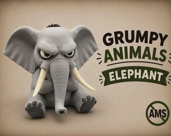 May include: A grey elephant figurine with a grumpy facial expression, large ears, and white tusks. The text GRUMPY ANIMALS ELEPHANT is printed to the right, along with a circular logo containing the letters AMS inside a crossed-out circle.