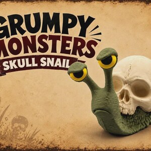 May include: A green snail figurine with yellow eyes and a white human skull shell. The text GRUMPY MONSTERS SKULL SNAIL is printed in black and dark red above the snail, with small skull graphics in the lower left corner.