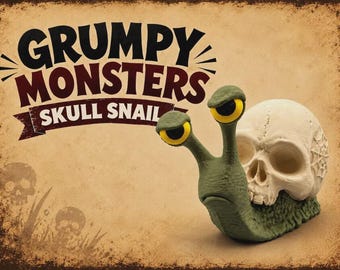 May include: A green snail figurine with yellow eyes and a white human skull shell. The text GRUMPY MONSTERS SKULL SNAIL is printed in black and dark red above the snail, with small skull graphics in the lower left corner.