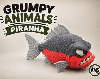 May include: A stylised piranha figurine with a dark grey upper body, a bright red lower body, and light grey fins. The fish has a prominent brow, visible white teeth, and a grumpy expression. The text GRUMPY ANIMALS PIRANHA appears above.