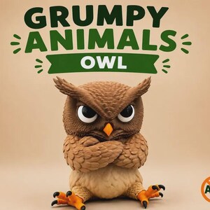 May include: A brown owl figurine with large white eyes, a yellow beak, and black talons, sitting with its wings crossed. Above the owl, the text reads GRUMPY ANIMALS OWL in dark green. An orange circle with the text AMS is in the bottom corner.