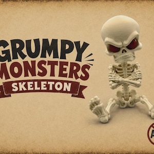 May include: A cream-colored skeleton figurine with red eyes sits with arms crossed. The text GRUMPY MONSTERS SKELETON is printed in black and dark red. A circular logo with the letters AMS crossed out appears in the bottom right corner.