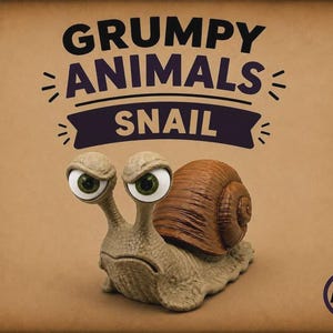 May include: A figurine of a snail with a textured tan body and a brown spiral shell. The snail has large, expressive eyes with green irises and a frowning mouth. Above the snail, the text reads GRUMPY ANIMALS SNAIL. An AMS logo is in the corner.