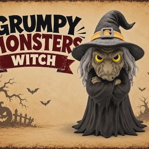 May include: A decorative metal sign featuring the text GRUMPY MONSTERS WITCH. The image displays a figurine of a witch with gray hair, a black pointed hat with a yellow band, and a black robe, standing before a background with a pumpkin and castle.
