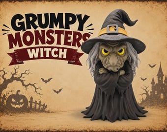 May include: A decorative metal sign featuring the text GRUMPY MONSTERS WITCH. The image displays a figurine of a witch with gray hair, a black pointed hat with a yellow band, and a black robe, standing before a background with a pumpkin and castle.