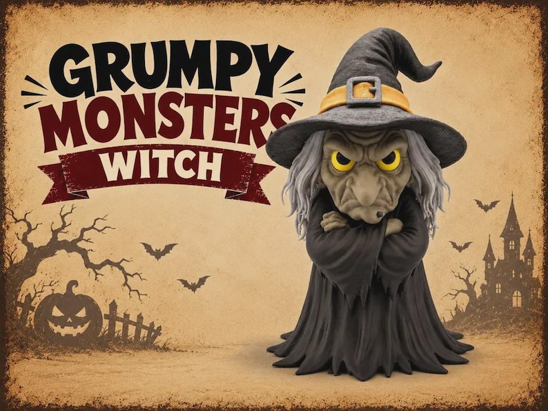 Może przedstawiać: Dekoracyjny metalowy szyld z napisem GRUMPY MONSTERS WITCH. Obraz przedstawia figurkę czarownicy z siwymi włosami, w czarnym spiczastym kapeluszu z ż&oacute;łtą opaską i czarnej szacie, na tle z dynią i zamkiem.