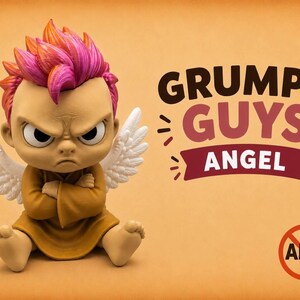 May include: A figurine of a grumpy-looking angel with bright pink and orange hair, wearing a tan robe, and featuring white wings. The text GRUMPY GUYS ANGEL is displayed next to the figure, along with a circular logo containing the letters AMS.