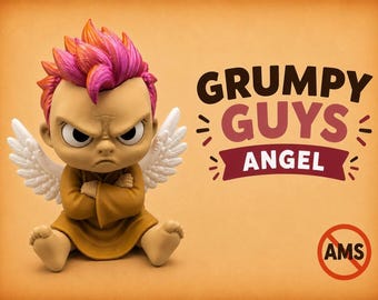 May include: A figurine of a grumpy-looking angel with bright pink and orange hair, wearing a tan robe, and featuring white wings. The text GRUMPY GUYS ANGEL is displayed next to the figure, along with a circular logo containing the letters AMS.