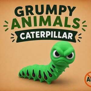 May include: A bright green caterpillar figurine with a grumpy facial expression, featuring black and red markings along its segmented body. Above the figure, the text reads GRUMPY ANIMALS CATERPILLAR. An orange circle with a line through it contains AMS.