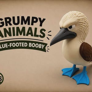 May include: A figurine of a blue-footed booby bird with a textured cream-colored head, brown wings, and bright blue webbed feet. The text GRUMPY ANIMALS and BLUE-FOOTED BOOBY appears to the left, along with a circular logo containing the letters AMS.