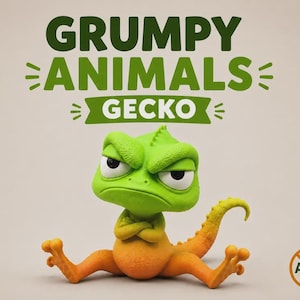 May include: A green and orange gecko figurine with a grumpy facial expression and crossed arms. The text GRUMPY ANIMALS GECKO is printed above the figure in dark green letters. A circular orange logo with the letters AMS is in the bottom right corner.