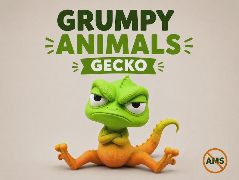May include: A green and orange gecko figurine with a grumpy facial expression and crossed arms. The text GRUMPY ANIMALS GECKO is printed above the figure in dark green letters. A circular orange logo with the letters AMS is in the bottom right corner.