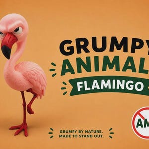 Puede incluir: Una figura de flamenco rosa con expresión severa, de pie sobre una pata. El texto dice GRUMPY ANIMALS FLAMINGO, GRUMPY BY NATURE. MADE TO STAND OUT. Un logotipo circular con una barra roja sobre las letras AMS es visible en la esquina inferior.