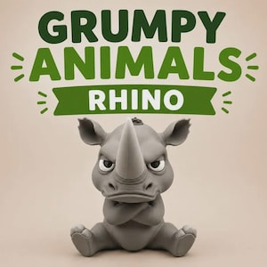 May include: A gray rhino figurine sitting with arms crossed, featuring a stern facial expression. Above the figure, green text reads GRUMPY ANIMALS and RHINO on a banner, accented by small green dash marks on either side of the text.