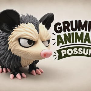 May include: A figurine of a grumpy-looking possum with dark grey fur, a cream-coloured face, large black ears, and a pink nose and claws. The text GRUMPY ANIMALS POSSUM is printed in dark green and black lettering to the right of the animal figure.