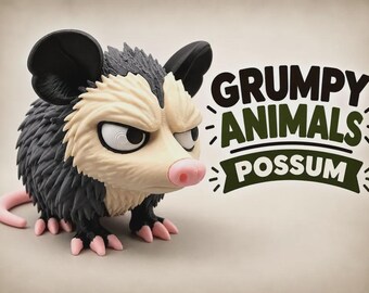 May include: A figurine of a grumpy-looking possum with dark grey fur, a cream-coloured face, large black ears, and a pink nose and claws. The text GRUMPY ANIMALS POSSUM is printed in dark green and black lettering to the right of the animal figure.