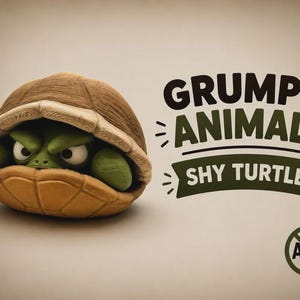 Puede incluir: Una figura de tortuga verde con un caparazón marrón texturizado, parcialmente retraída en su interior. El texto dice GRUMPY ANIMALS SHY TURTLE con un logotipo circular de AMS tachado. La tortuga tiene una expresión facial severa.