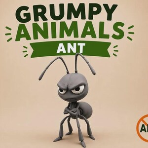 May include: A gray ant figurine with a grumpy facial expression and crossed arms. Above the ant, the text reads GRUMPY ANIMALS ANT in dark green letters. In the bottom right corner, there is an orange circle with a diagonal line through the letters AMS.