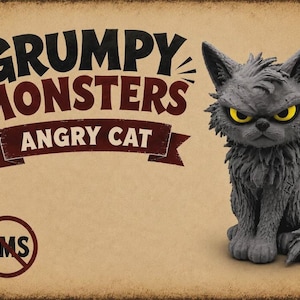 May include: A rectangular sign featuring the text GRUMPY MONSTERS ANGRY CAT in black and dark red lettering. To the right, a sculpted gray cat figure with yellow eyes sits. A circular logo with the letters AMS and a diagonal line is present.
